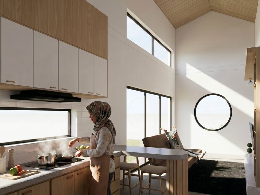 Dapur dengan kabinet kayu dan jendela memanjang