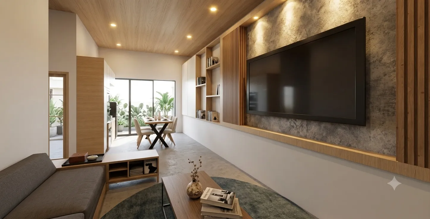 Ruang tamu, ruang makan, dan dapur dengan interior kayu