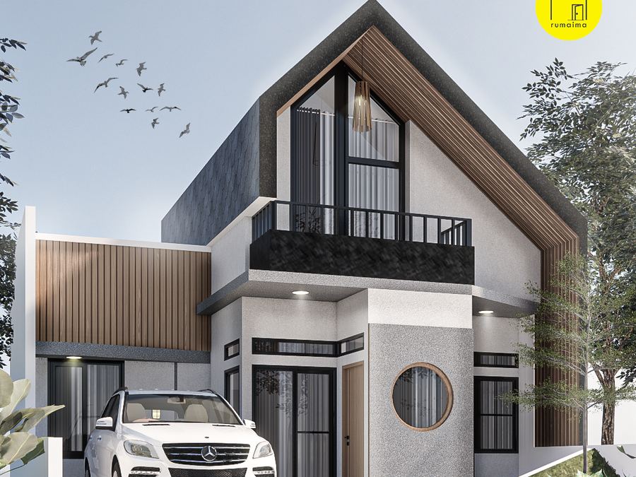 Fasad rumah dua lantai dengan atap pelana dan aksen kayu
