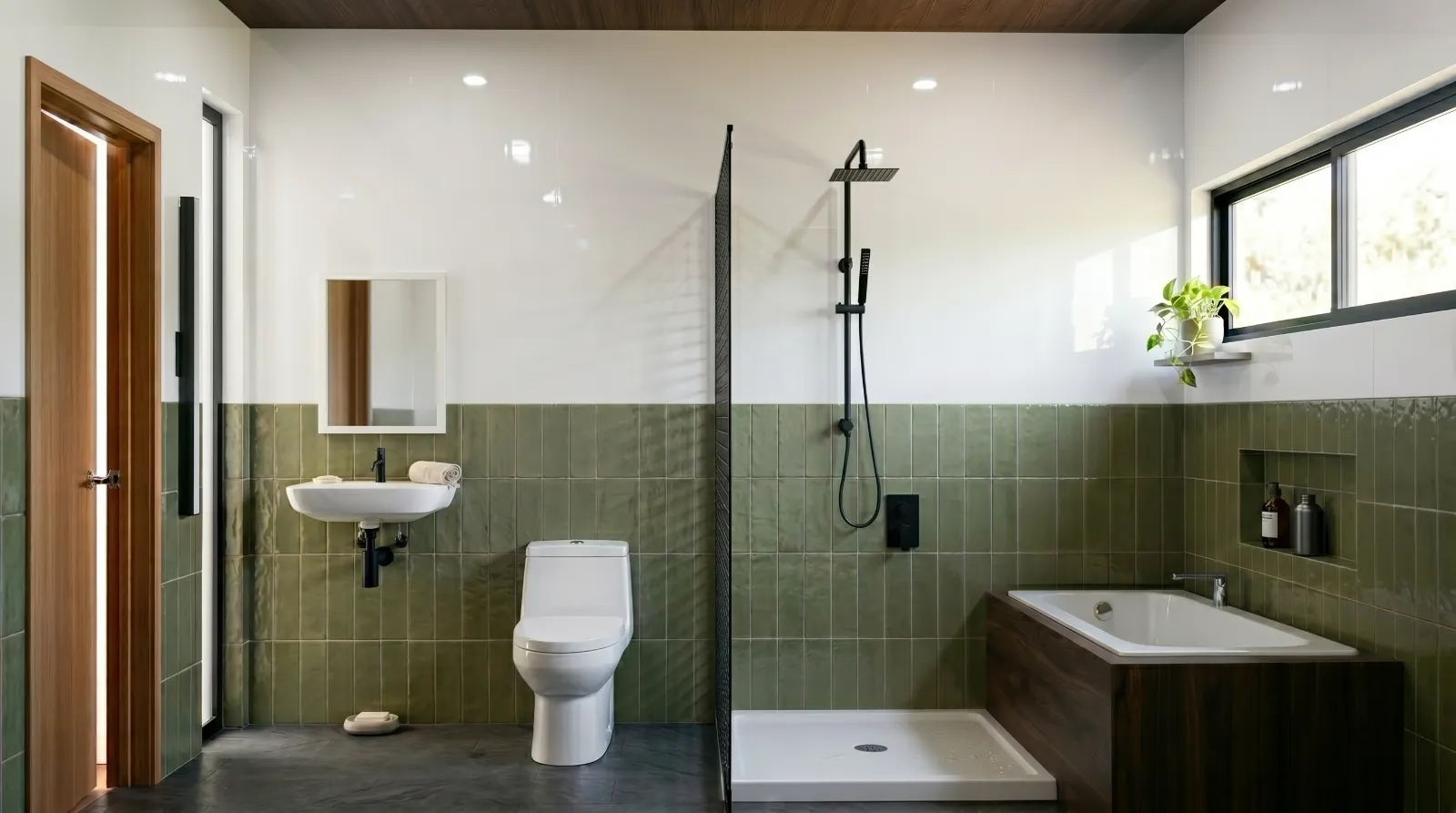 Kamar mandi dengan keramik krem dan panel batu abu-abu